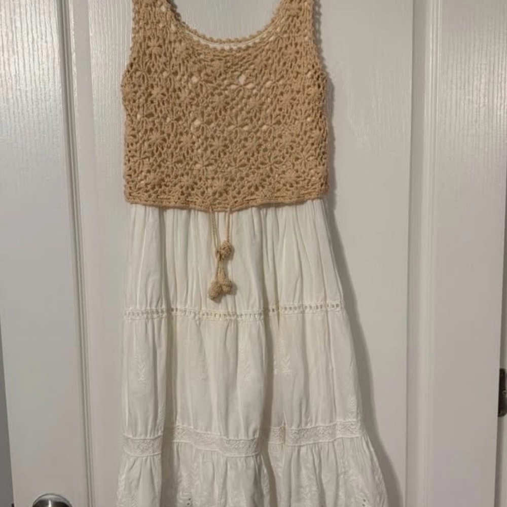 ANTHROPOLOGIE Beckett Crochet Beige Sleeveless Eyelet Midi Dress Size S